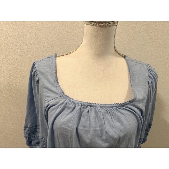 Lucky Brand Womens Sz Large Blouse Top Blue Square Neck 100% Cotton Short Sleeve - Picture 2 of 7